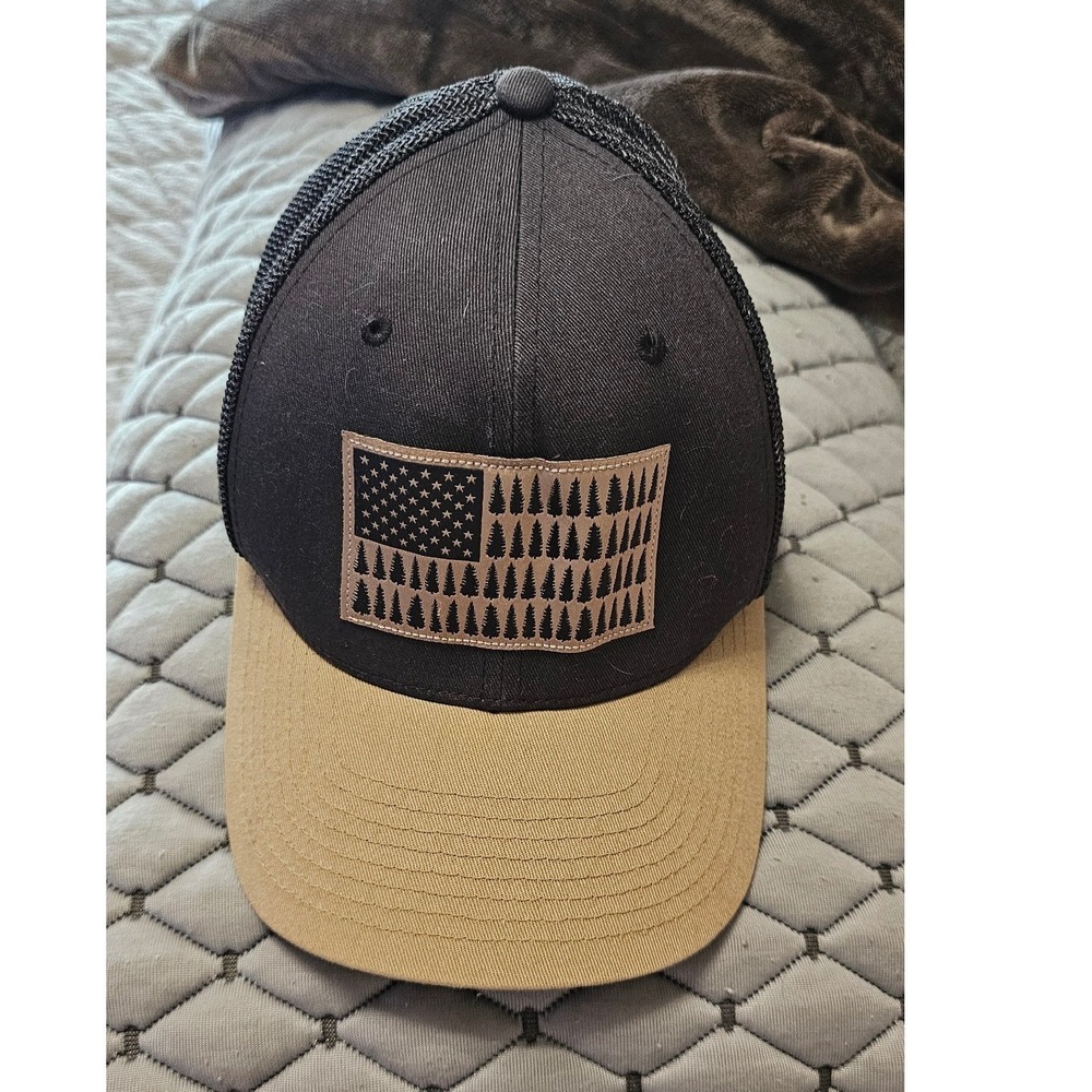 Columbia Mesh Tree Flag Flexfit Hat Black Tan Trucker Cap CU0123 S/M Unisex